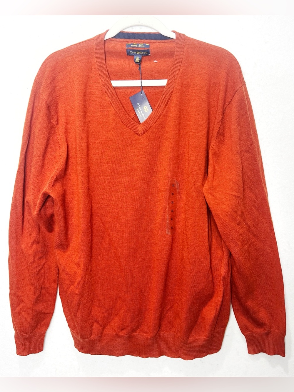 Club Room Estate Merino Mens XL Rust Orange 100% Merino Wool V-Neck Sweater NWT